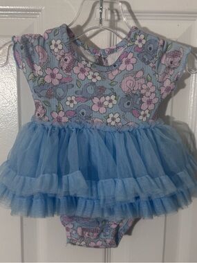 Disney Baby Stitch Tutu Bodysuit Dress 0-3M Blue Floral Lilo and Stitch